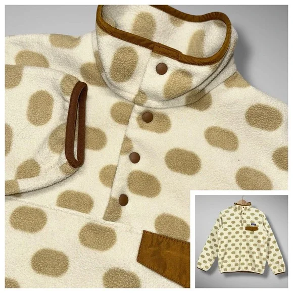 Patagonia Synchilla Snap T Fleece Pullover Womens Small Cream Beige Polka Dots - Picture 1 of 10